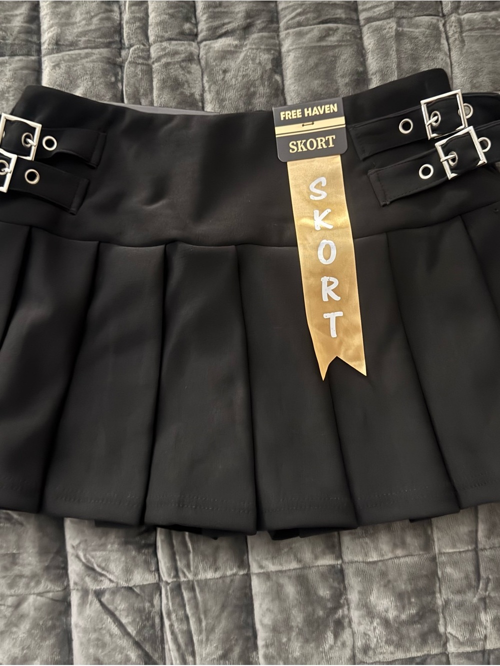 Black Pleated Skort with Buckle Details